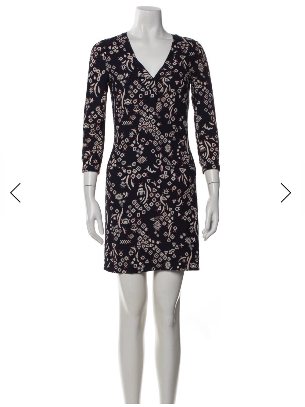 Tory Burch 100% Silk Printed V-Neck Dress – Navy / Cream / Blush - Size XS